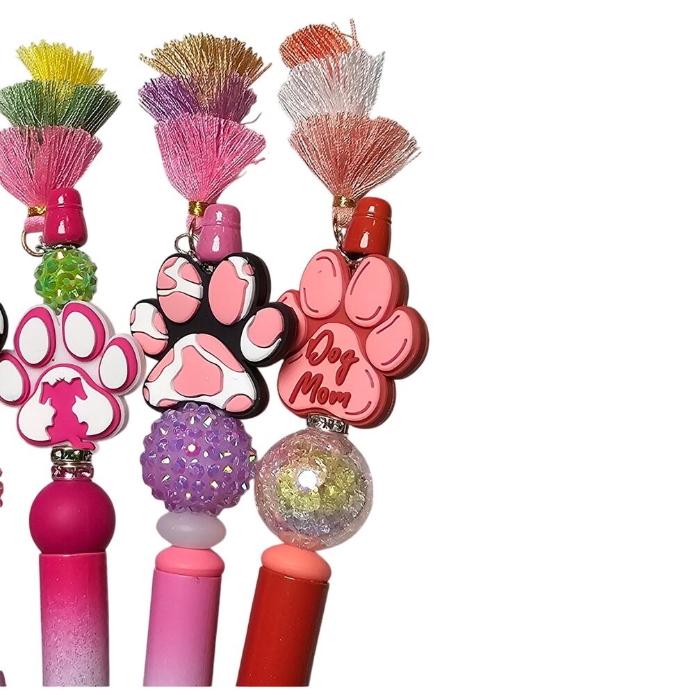 Paw Print Beaded Ink Pen with Charm Silicone Focal Bead Pet Cat Dog SET OF 3
